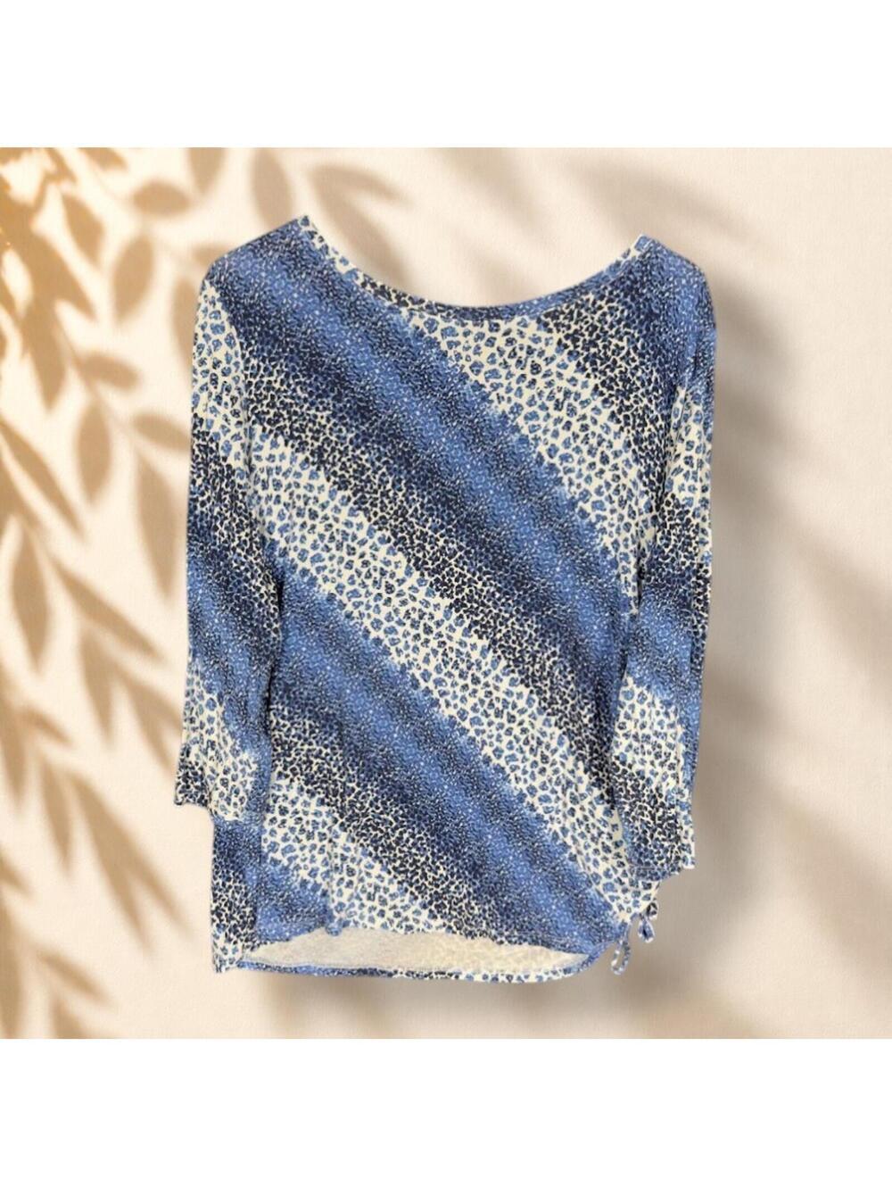 Ruby Rd. Blouse Women XL Blue Striped 3/4 Sleeve Round Neck Rayon Stretch Casual
